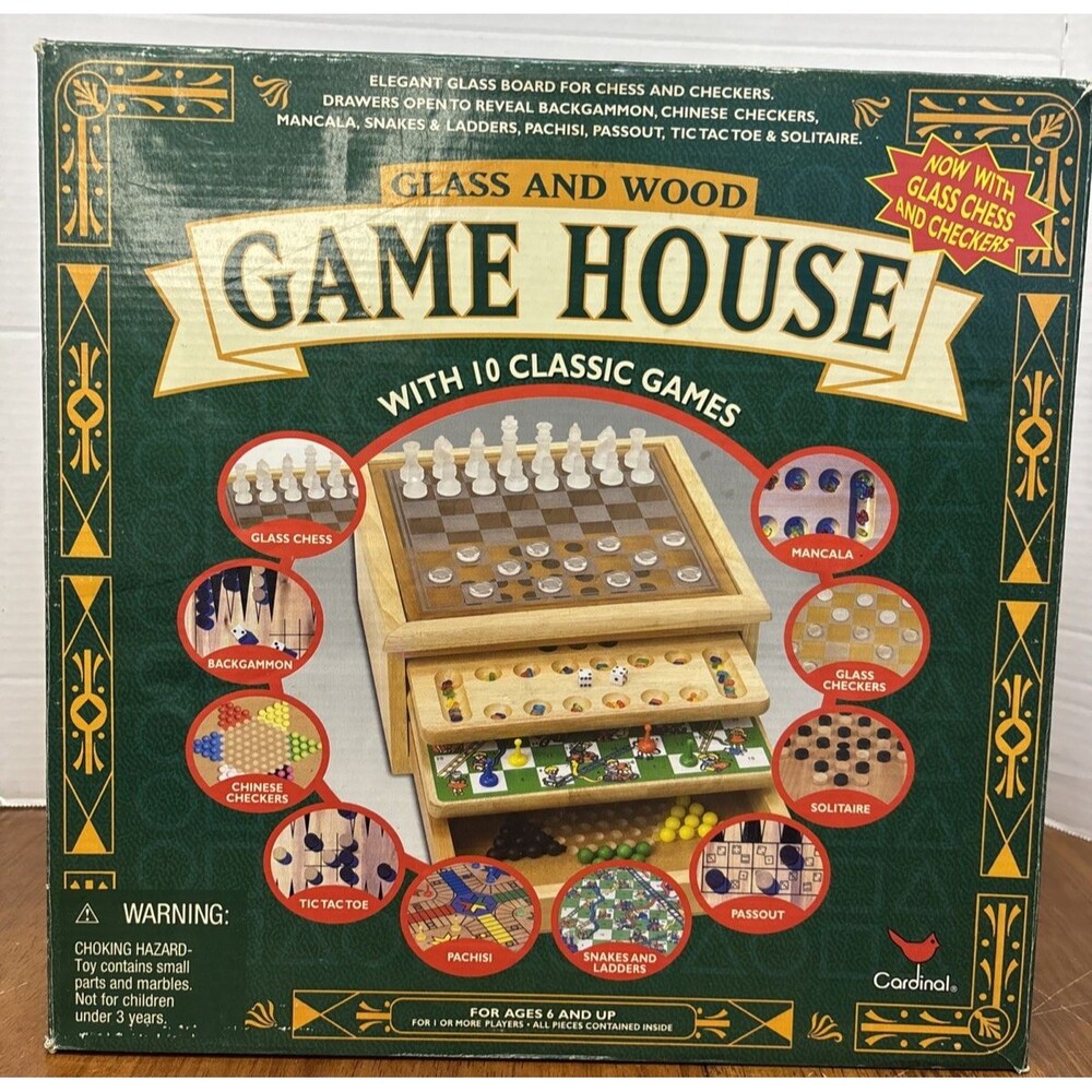 Cardinal 2002 GAME HOUSE 10 Classic Games WOOD Boards & Box Chess Checkers Pachi